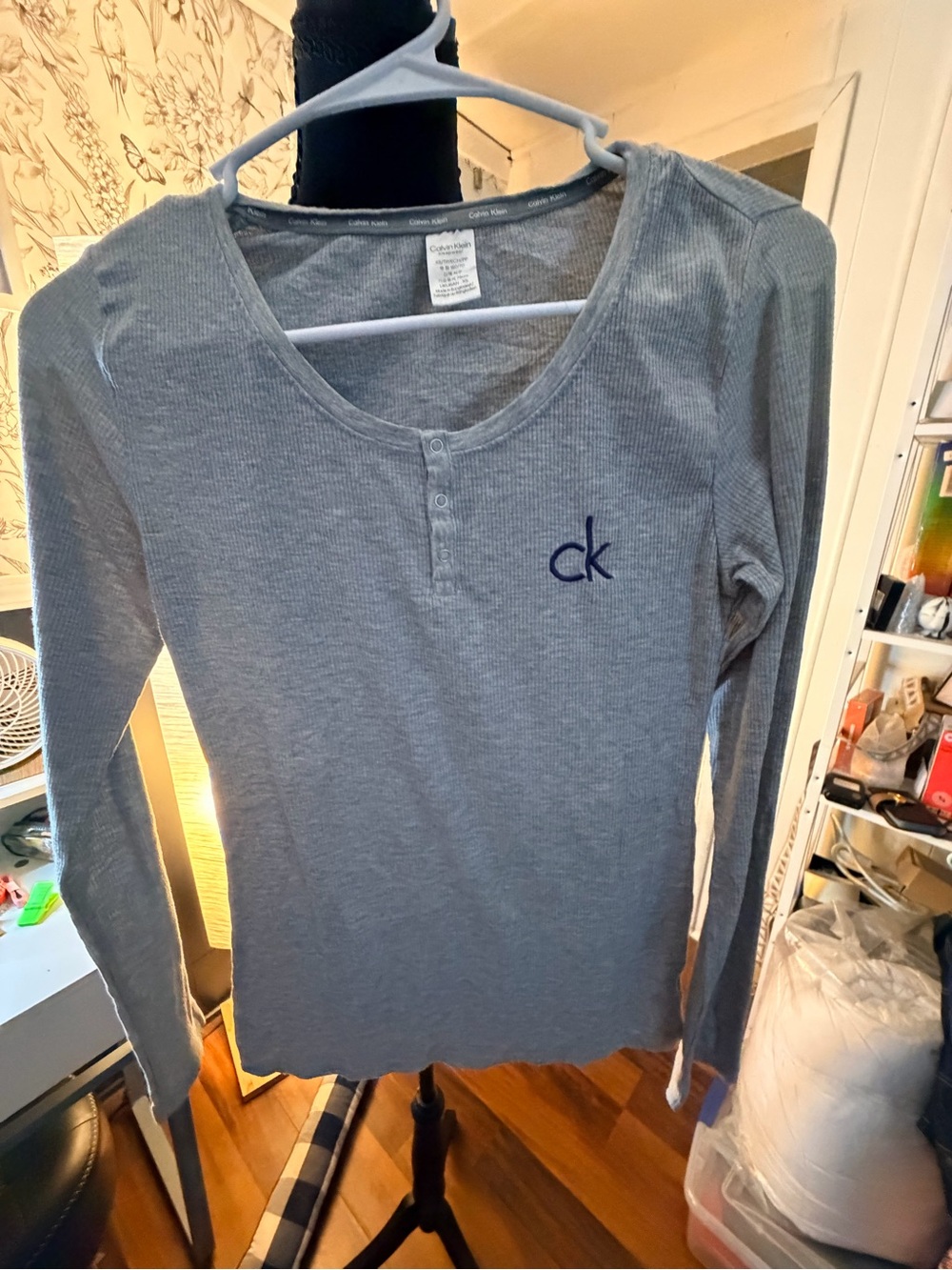 Calvin Klein Heather Gray Ribbed Long Sleeve Henley with CK Embroidery